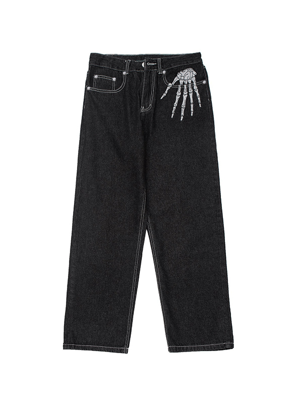 Lose Herrenjeans mit Skelettmuster und Nahtdetail-1