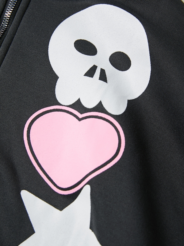 Übergroßer Kapuzenpullover mit durchgehendem Reißverschluss und Street-Skull-Stern-Herz-Print für Herren-2
