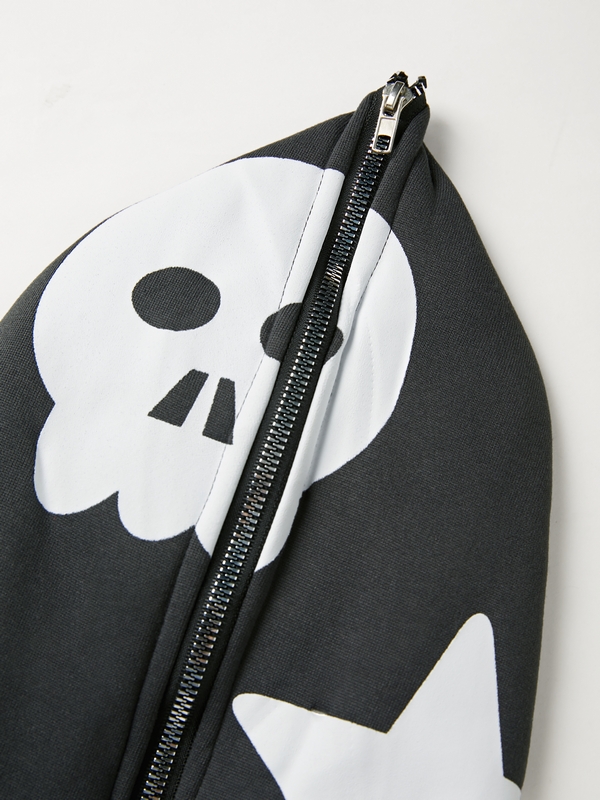 Übergroßer Kapuzenpullover mit durchgehendem Reißverschluss und Street-Skull-Stern-Herz-Print für Herren-1